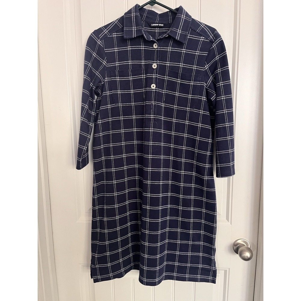 Lands End Navy White Plaid Shirt Dress Tunic 3/4 Sleeve Pockets Women's M‎ 10-12